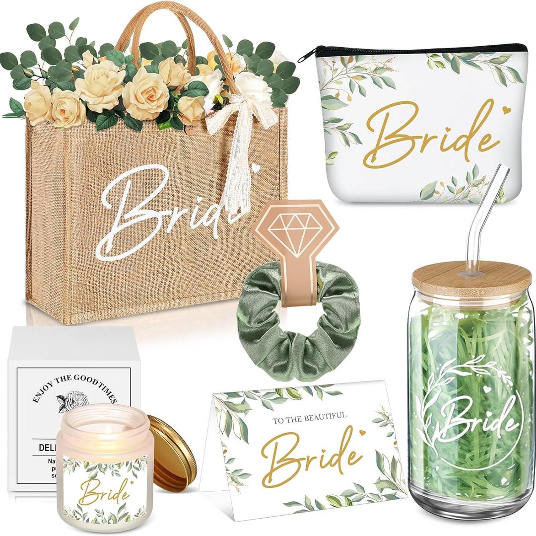 Hushee 6 Pcs Bride Gifts Set for Bachelorette Party, Bridal Shower Gifts Wedding Engagement Gift Newly Engaged Gifts for Bride to Be, Handbags, Cosmetic Bags, Tumbler, Candle, Card, Hair Scrunchies