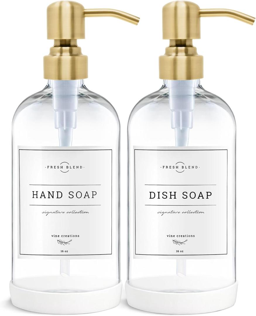 Vine Creations Clear Glass Soap Dispenser, 2 Pack Kitchen Soap Dispenser Set with Stainless Steel Pump, 16 oz Dish Soap and Hand Soap Dispensers for Bathroom with Waterproof Labels (Clear Bottle / Brushed Gold Pump)
