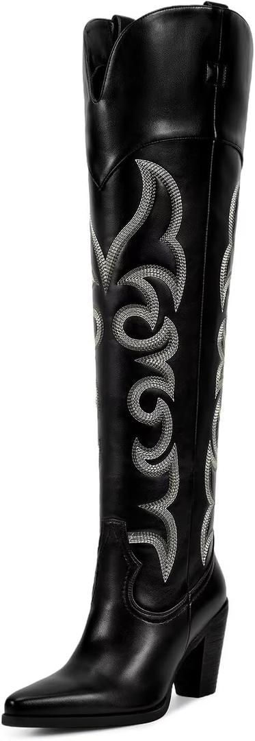 ISNOM Knee High Cowboy Cowgirl Boots for Women, Western Boots with Pull On Tab, Chunky Heel Design, Unique and Stylish (7, Over Knee Black)
