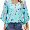 Blouse for Women Dressy Casual Summer Chiffon 3/4 Sleeve Tops Business Work Shirts Double Layered Tunic Evening Party (Large, Light Blue Floral)