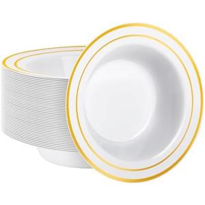 Goodluck 50 Pack Plastic Bowls with Gold Rim, 12oz Disposable Soup Bowls, Heavy Duty Dessert Bowls for Weddings, Parties, Dinners, Catering, Thanksgiving and Everyday Use