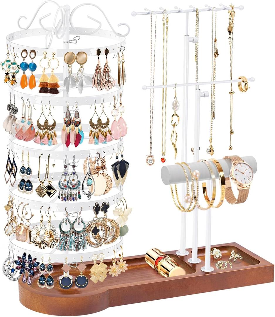 KALYLOC Jewelry Earring Holder Organizer, Adjustable 5 Tiers Rotating Earring Holder 3 Tier Necklace Holder with Wooden Base, Multi-Functional Jewelry Organizer Display Stand for Studs Bracelet Women (White)