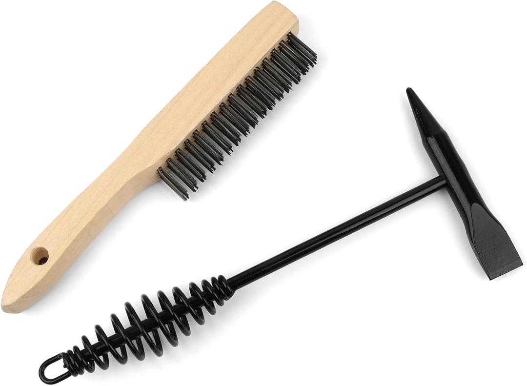 2 Pack Welding Chipping Hammer and Wire Brush Set  11" Hammer with Coil Spring Handle, Cone and Vertical Chisel and 9.8" Stainless Steel Brush for Slag, Spatter, Residue Removal (Wood, Black)