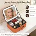 Travel Makeup Bag, Portable Makeup Case with LED Mirror, Removable Mirror with 3 Color Modes, 6 Adjustable EVA Dividers for Brushes Toiletry Jewelry Digital Accessories, Tangerine