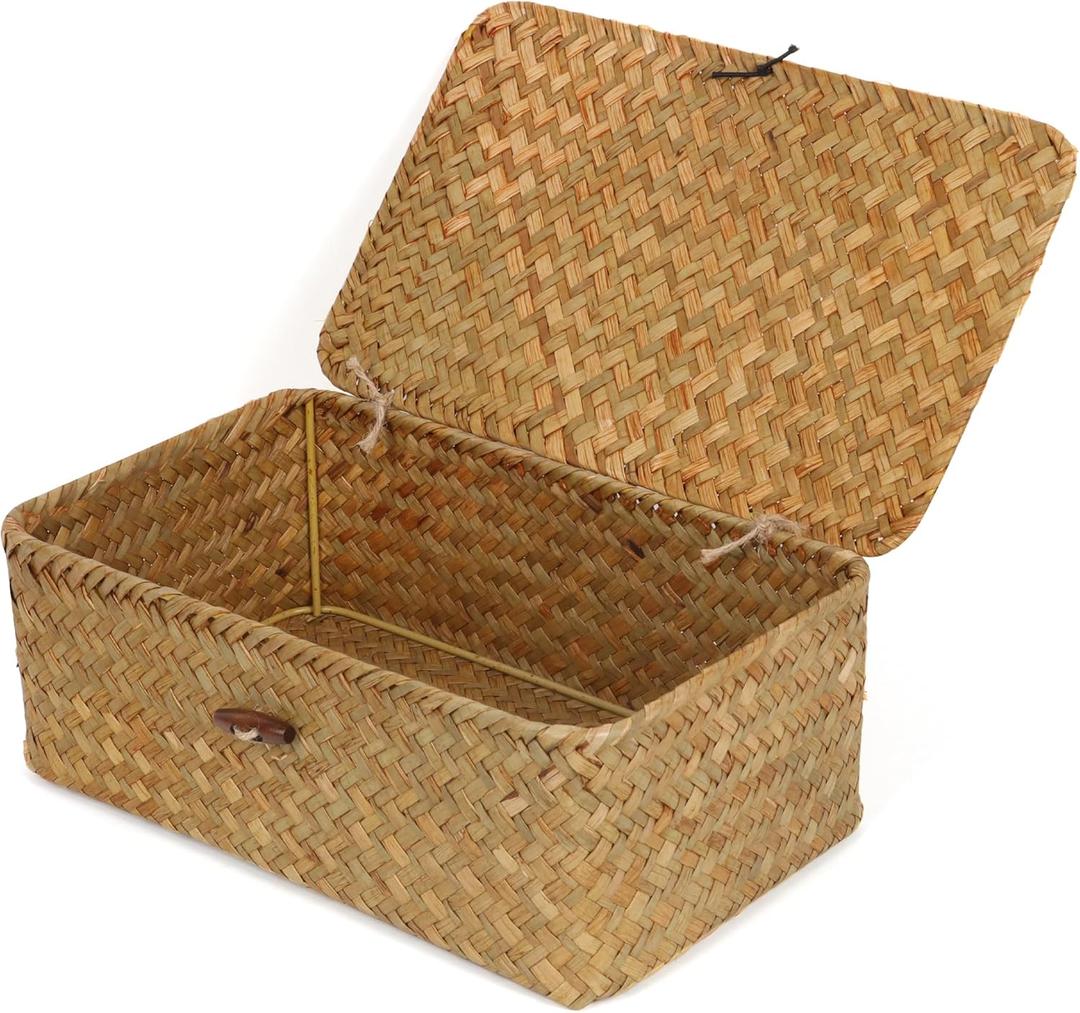 FEIALNDUO Wicker Shelf Baskets with Lid,Seagrass Storage Basket Bins Rectangular Handwoven Basket Boxes for Shelves Desktop Home Organizer (Natural, Small)
