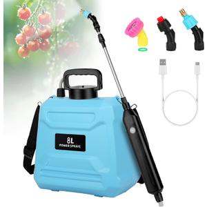 2 Gallon Battery Powered Sprayer, Electric Garden Sprayer, Pump Sprayer with 3 Mist Nozzles & USB Rechargeable Handle & Retractable Wand & Adjustable Strap for Lawn, Garden, Yard(Blue)