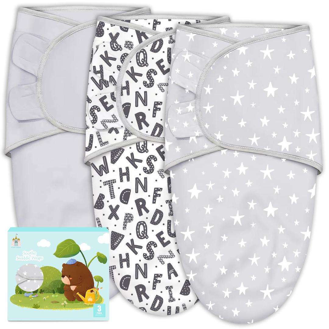 Cute Castle 3-Pack Baby Swaddle Sleep Sacks - Newborn Swaddle Sack - Ergonomic Baby Swaddles Blanket Warp for Boys and Girls - Baby Essentials (0-3 Months - Gray, Letters, Stars)