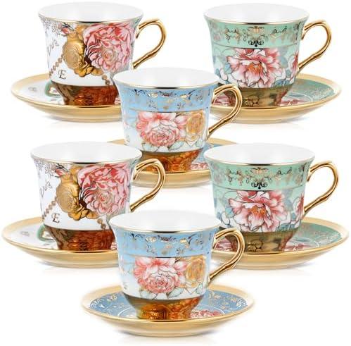 Teenyyou Set of 6 Tea Cups and Saucers Tea Party Decorations Floral Porcelain 5.4 oz British Gift for Women Birthday Party, Church, and Mother's Day (Classic Style)