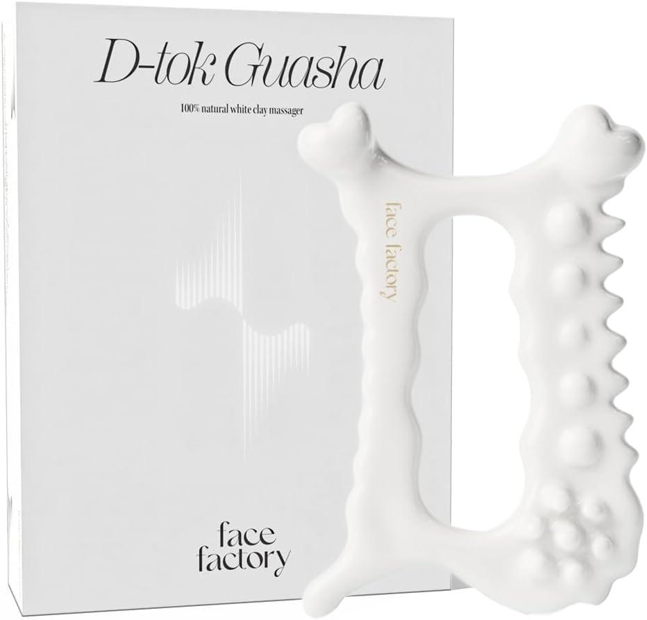 Face Factory Ceramic Gua Sha Tool- Face & Body Massager  100% Natural White Clay, Triple-Fired Ceramic Tool for Lymphatic Drainage, Includes Storage Pouch & Guide (D-tok)