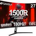 SANSUI 27 Inch Curved Gaming Monitor 180Hz 1ms with Speakers FHD 1080P Computer Monitor FreeSync|1500R|130% sRGB|HDR|Low Blue Light|HDMI DP Ports|VESA Mount|Metal Stand(ES-G27C1 HDMI Cable Incl.)