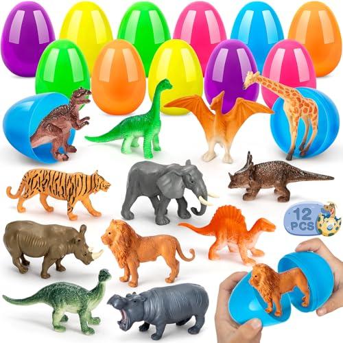 Jumlys 12 Pack Prefilled Easter Eggs with Dinosaur & Animal Figures, Surprise Plastic Easter Eggs Filled for Kids, Perfect for Easter Egg Hunt, Basket Stuffers and Party Favors