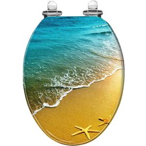 Elongated Toilet Seat sand wave Resin Toilet Seat with Quietly Close Quick Release Hinges Decorative Toilet Seat with Cover Easy to Clean and Install Beach Theme Decor Nautical Decor