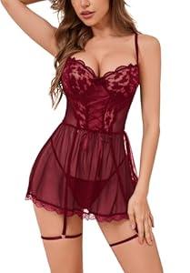 AnloveKiss Lingerie for Women Sexy Lace Babydoll Mesh NightDress Thong Chemise Boudoir Nightwear (Red, XXL)