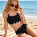 FtcoDcik Girls Swimsuit Double Strap High Waist Sporty Bikini Swimsuits Summer Beach 2 Piece Bikini Sets(11 Years) Black (Black)