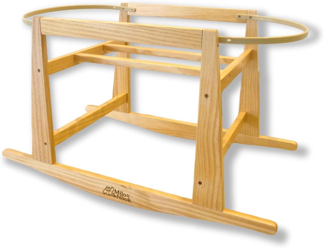Milo & Nook Baby Moses Basket Stand Solid Pine Wood Structure, Sturdy, Safe & Light Weight, Portable Rocking Bassinet for Baby, Newborn Sleeper, Baby Bassinet Bedside Sleeper. Basket Not Included.