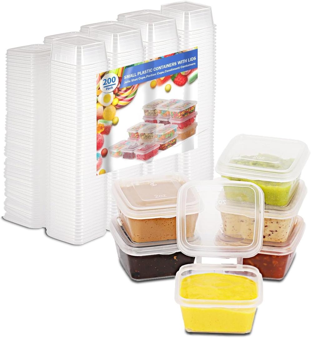 2 oz Plastic Containers with Lids (200pack), Disposable Condiment Containers with Lids, Portion Cups for Sauce, Jello Shot, Souffle (Square)
