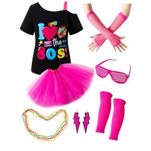 LATOBREATH Girls 80s Accessories Set T-Shirt Fancy Outfits Halloween Costume Glow Party Clothing Funny（4T）