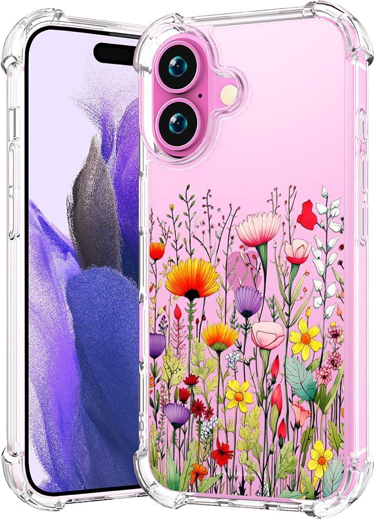 Compatible with iPhone 16 Plus Case Clear Cute for Women - Rugged Phone Cases Funda Protector Cover Skin (Yellow Florals Field Spring)