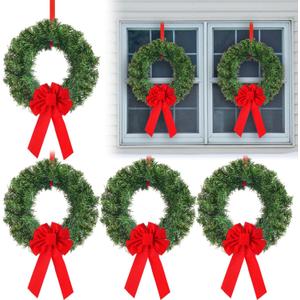 Janinka 6 Pcs Christmas Wreath for Windows 11.8 Inch Christmas Window Decorations Cabinet Wreaths with Red Bow Greenery Artificial Hanging Garlands for Fireplaces Window Home (Pine)
