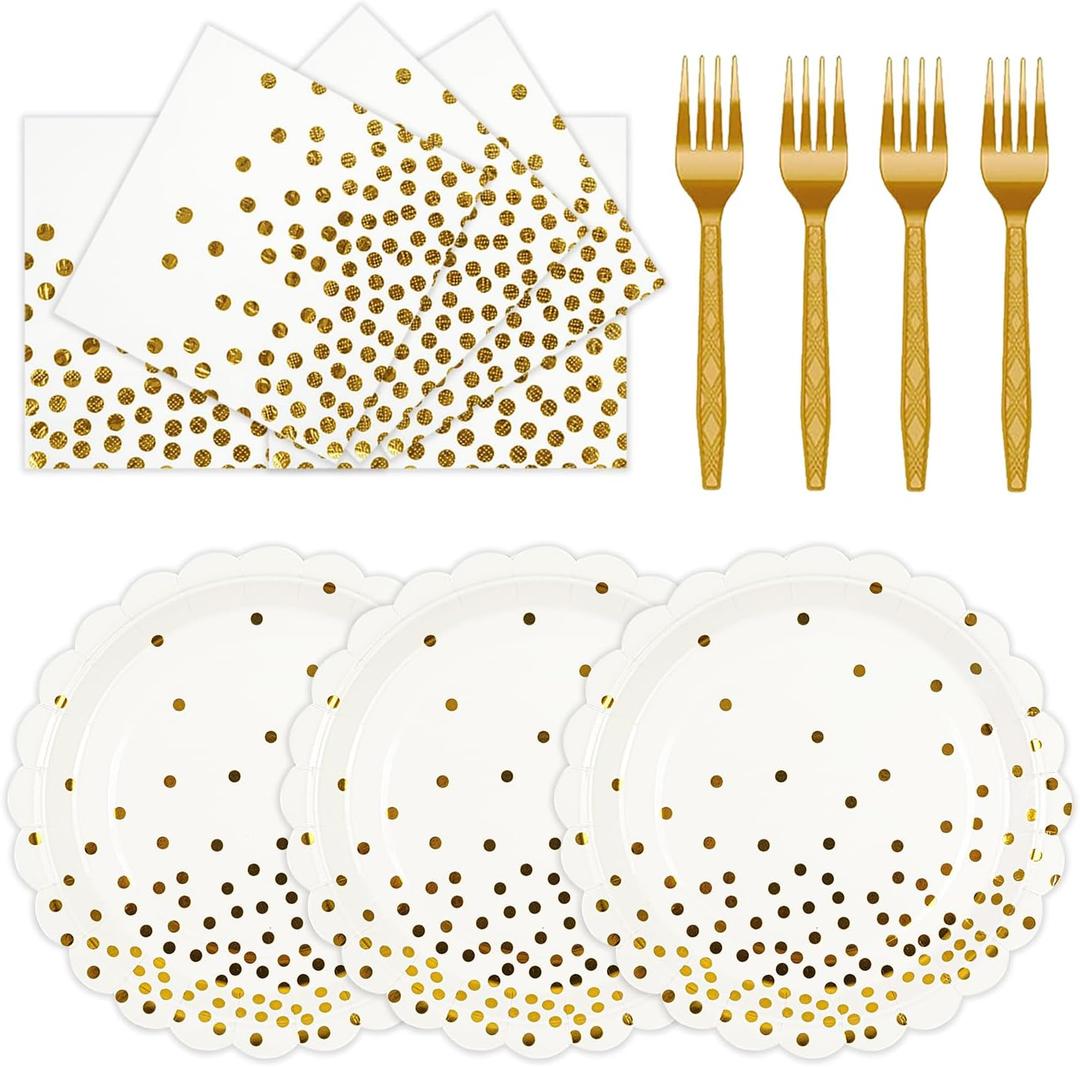 3 x 75PCS White and Gold Paper Plates Napkins Party Supplies, 7Inch Scalloped Gold Dot Paper Dessert Plates and Napkins Set Disposable Birthday Cake PlateTableware for Wedding Valentines Galentines Day