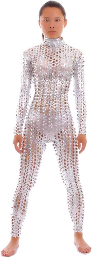 Seeksmile Unisex Hollow-Carved Shiny Dancewear Catsuit Bodysuit (Silver), XL