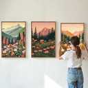 Tinonedraw Mountain Wildflower Framed Canvas Wall Art Set, Boho Mountains Landscape Wall Decor, Modern Floral Forest Scenery Artwork, Neutral Nature Art Prints for Living Room Bedroom Office 24"x36"x3, 36L" x 24W"