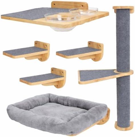 Wondering Whiskers Cat Wall Shelves – Cat Wall Climber with Cat Scratch Post, Removable Bed, Climbing Steps, and Feeding Terrace with Glass Bowls, Waterproof Rubberwood Pet Furniture