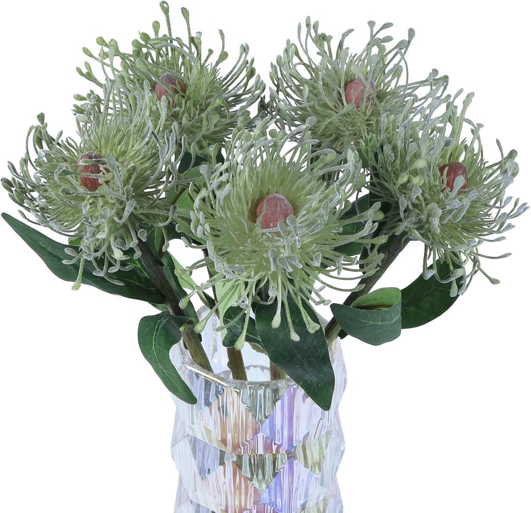 IPOPU 5Pcs Green Artificial Chrysanthemum Flowers with Stems Gift Decorations, 15.7 Inch Faux Spider Chrysanthemum Pincushion Flowers for Wedding Bouquet Home Office Decoration