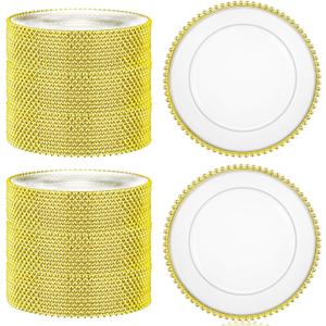 Dandat 100 Pcs 13 Inch Clear Round Charger Plates with Beaded Rim, Gold