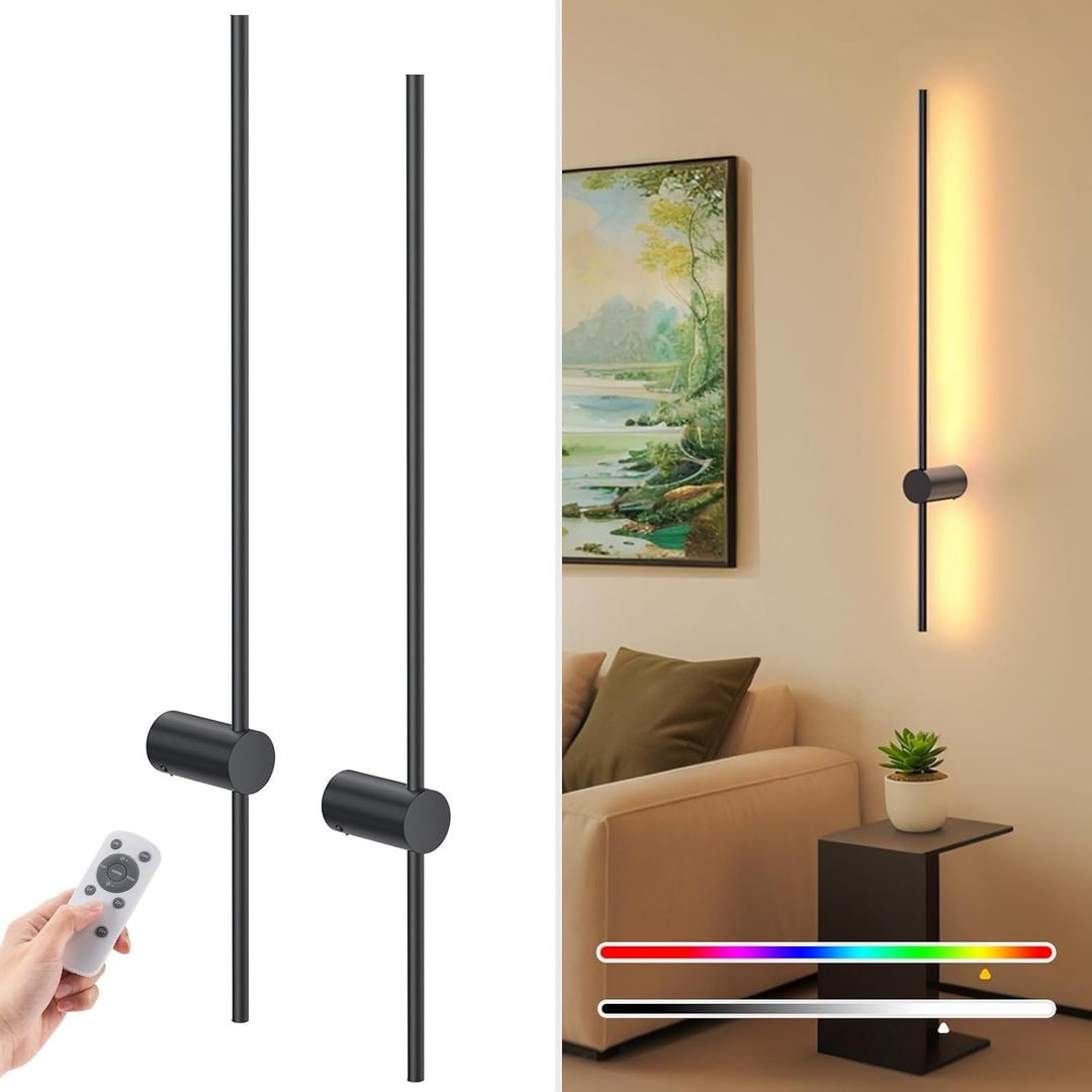 NIORSUN 35.4 Inch Battery Operated Wall Sconce Set of 2,Black Minimalist Rechargeable LED Wall Lights with Remote, 10 Colors Dimmable Wireless Wall Sconce for Living Room Bedroom Hallway
