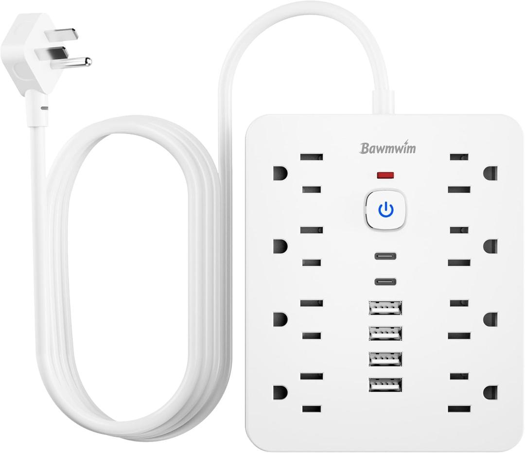 Surge Protector Power Strip - 8 Outlets(1250W/10A) 4 USB A2 USB C, 6FT Flat Plug Extension Cord, Wall Mount Multi Plug Outlet Extender, ETL Listed for Home, Dorm Room (White)
