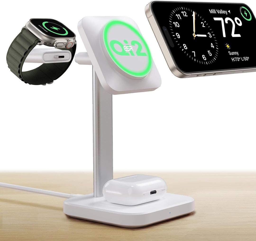 ESR Qi2 3 in 1 Wireless Charging Station, [Certified] Apple Watch Charger & 15W Qi2 MagSafe Charger Stand for iPhone, Wireless Charger for Multiple Devices iPhone 17/16/15/14/13&Watch&AirPods,White