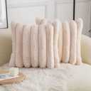 Neelvin Beige Faux Fur Cozy Soft Striped Decorative Throw Pillow Covers 18x18 inch Set of 2,Velvet Pillowcase Cushion Case for Sofa Couch