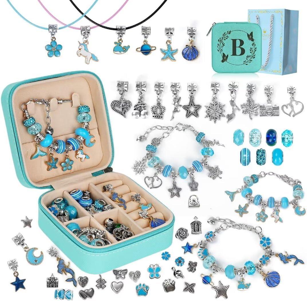 Charm Bracelet Making Kit, Kid Jewelry Making Kit for Girls 8-12, Unicorn Craft Kits for Teen Girls Toys Ages 3-10 Years Old Girl Gifts Trendy Stuff Birthday Christmas Gift with Initial Jewelry Box- B