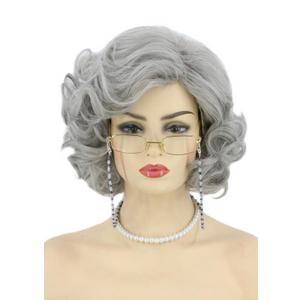 Topcosplay Old Lady Wig and Accessories 5pcs Set Granny Costume Wig Grandma wig Halloween Party Wigs (Grey)