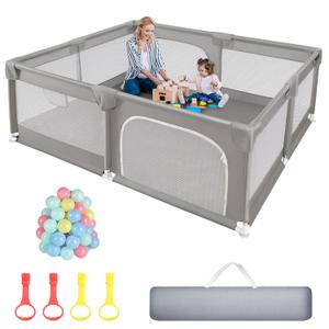 Sour Lemon Baby Playpen 79x71 inch Extra Large Playpen for Babies and Toddlers, Baby Fence Play Pen Yard with Safety Gate Fence with 50 Ocean Balls 4 Pull Rings for Kids Indoor Outdoor (Light Grey)