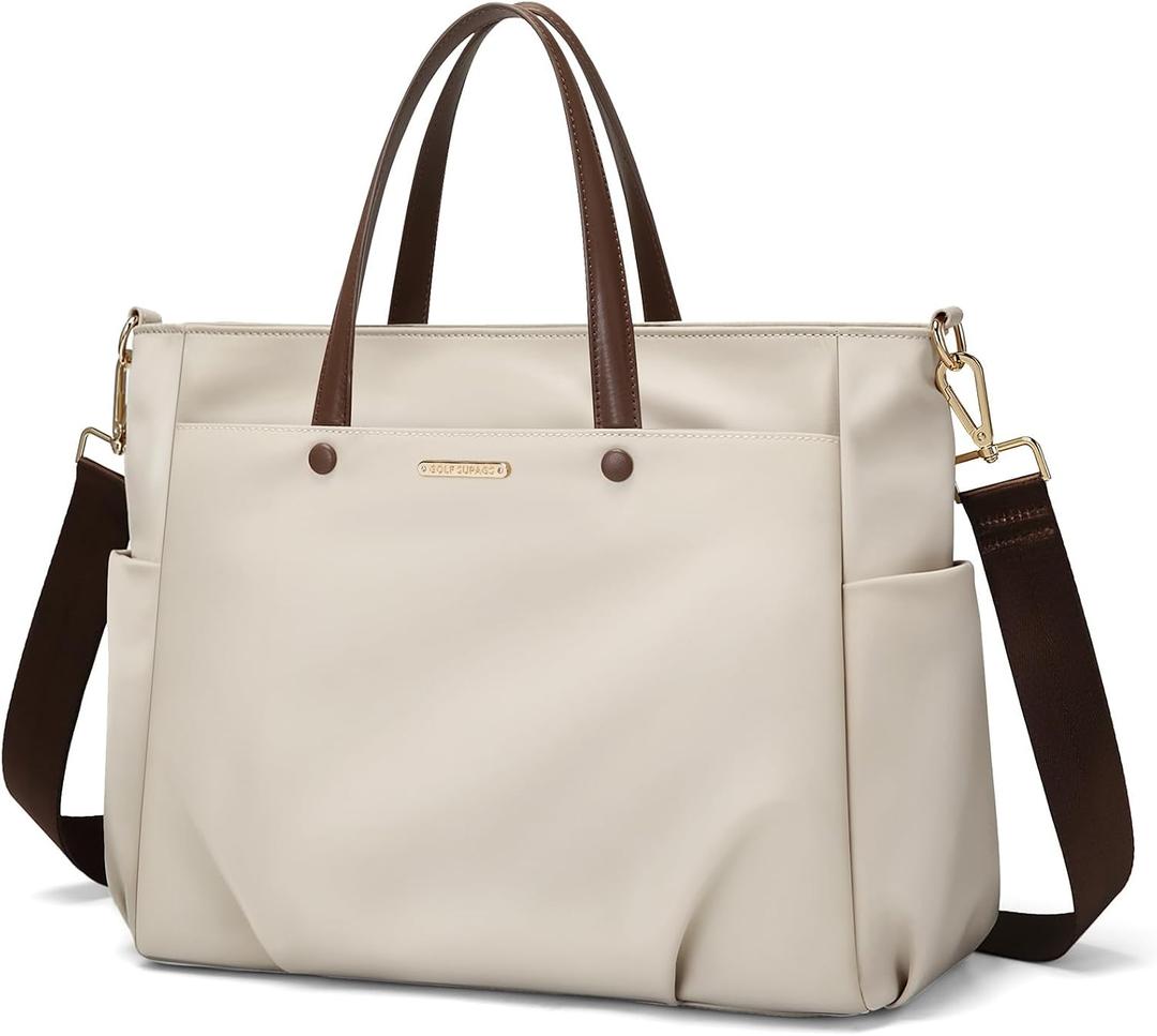 15 Inch Laptop Tote Bag for Women, Lightweight Nylon Work Shoulder Bag, Water-Resistant Computer Handbag with Pockets for Business Travel & Commute (Apricot)