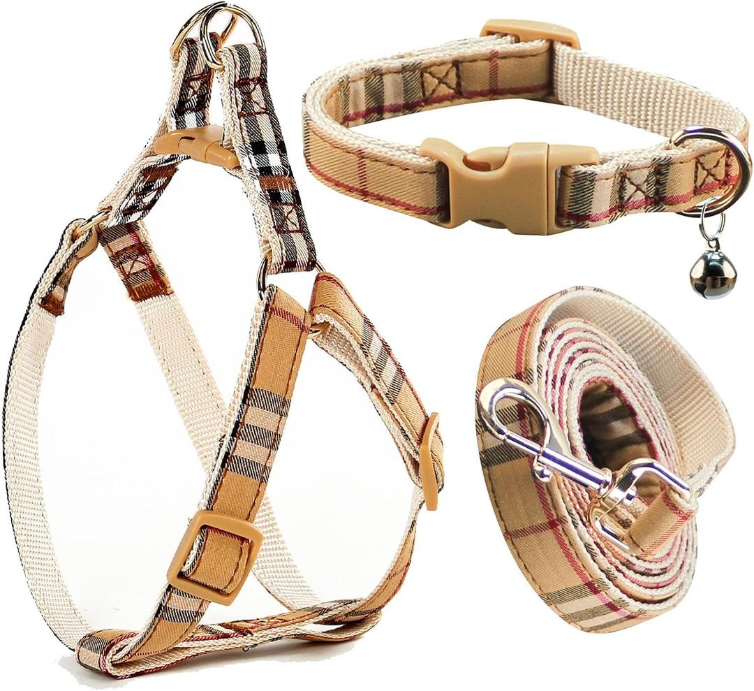 Cute Plaid Dog Collar Harness and Leash with Safety Buckle - Adjustable and No Pull Comfortable Dog Collars for Small Puppy, Stylish Durable Gift for Boy Girl Pets, Beige Medium