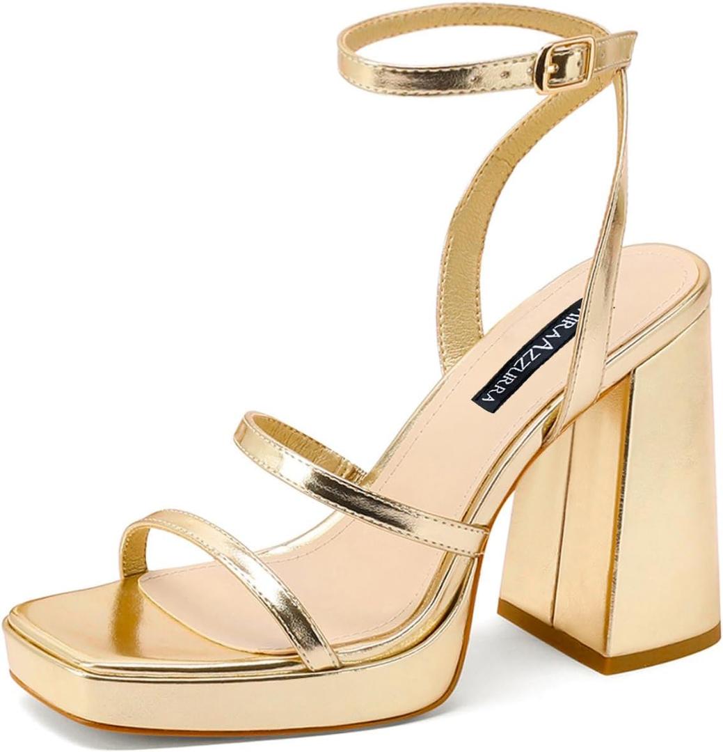 MIRAAZZURRA Platform Strappy Heel Sandals Square Open Toe Two Strap Chunky High Heeled Sandals with Buckle Ankle Strap for Women Party Wedding Dress, 7.5