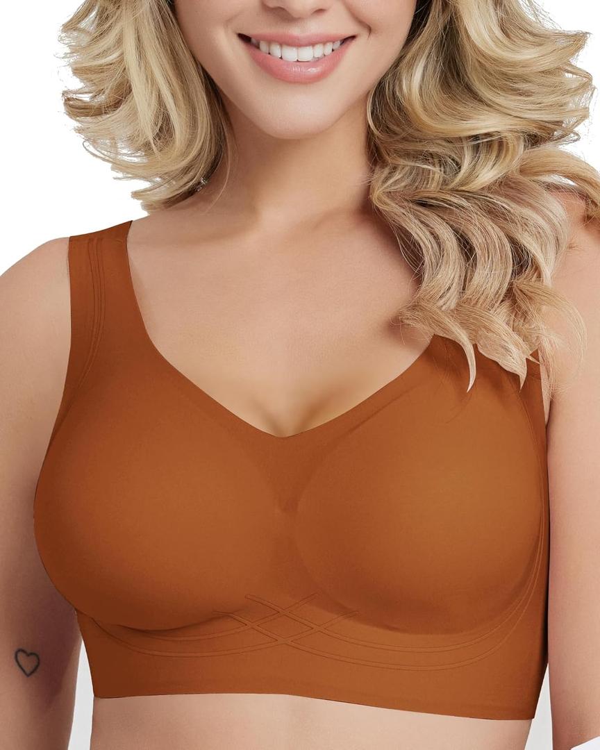 Wireless Bras for Women, Seamless Full Coverage Comfortable Soft V Neck No Underwire Support Push Up Everyday Bra (Small, Brown)