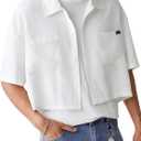 SHENHE Men's Summer Short Sleeve Button Down Crop Shirt Loose Fit Casual Shirt with Pockets, Small
