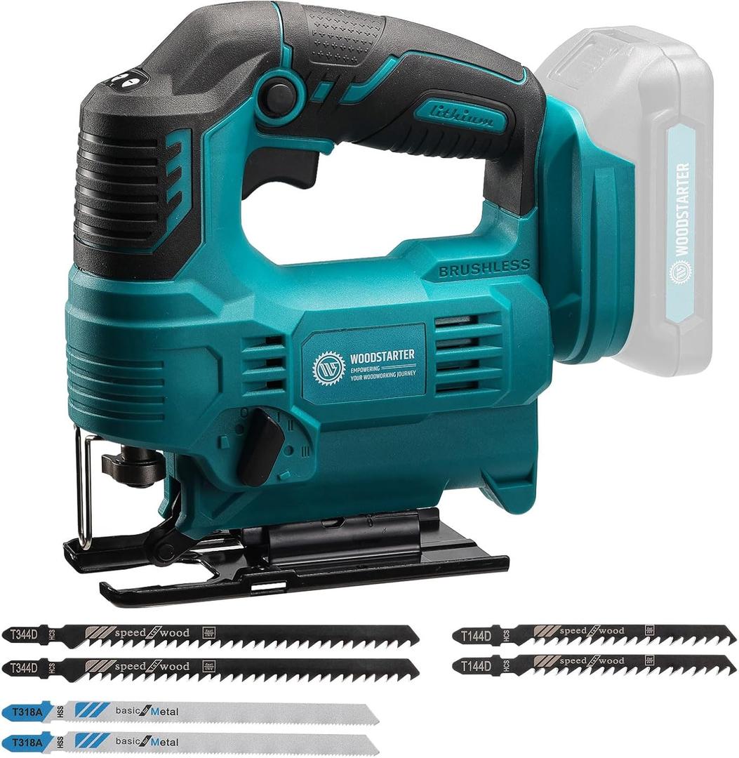 Cordless Jig Saw with Brushless Motor, 3 Adjustable Speed Settings, 45-90 Cutting Angle, Compatible with T-Shaped Blades, Includes Dust Blowing Feature (Tool Only)