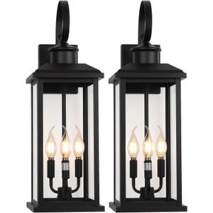 24" Extra Large Outdoor Wall Light Fixture 2-Pack, Black 3-Light Modern Porch Lantern, Waterproof Exterior Lighting Sconce Wall Mount, Outside Lamp for House Garage Patio E12 Base (2 PK No Sensor)