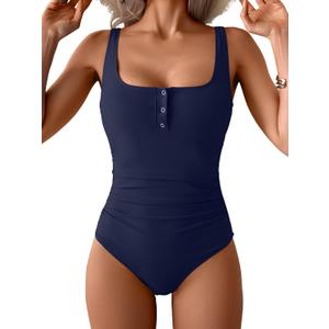 B2prity One Piece Swimsuit for Women Tummy Control Ruched Slimming Bathing Suit Button Full Coverage Swimwear (Large, Navy Blue)