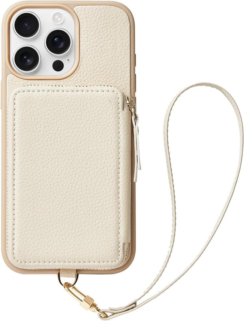 ZVE for iPhone 14 Pro Wallet Case with Card Holder, Zipper RFID Blocking iPhone Case with Lanyard, Leather Purse for Women Cover Compatible with iPhone 14 Pro, 6.1"(2022) - Beige