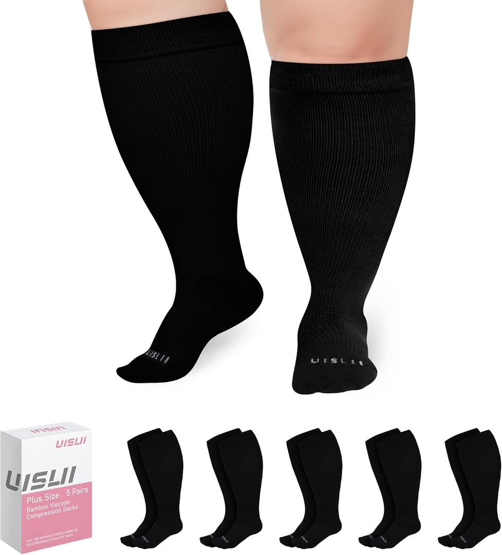 Plus Size Compression Socks Wide Calf Women Men,5 Pairs 20-30mmHg Extra Width Calf Viscose Knee High Compression Socks for Circulation Support (4XL, Black)