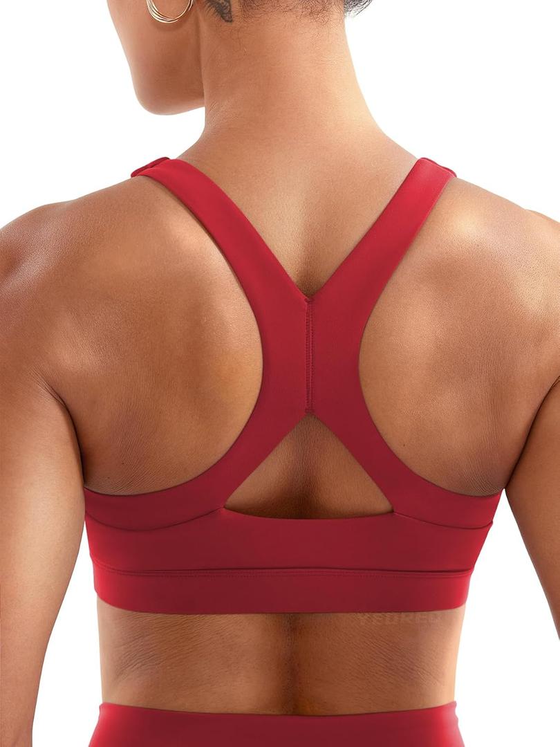 YEOREO Sports Bras for Women Medium Support Racerback Padded Running Bra Tracii Square Neck Wireless Workout Gym Crop Top (Red, M)