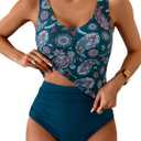 Eomenie Two Piece Tankini Swimsuits for Women Tummy Control Bathing Suits Cutout Back Swim Tank Top with High Waisted Bottom (XX-Large, Peacock Green Print)