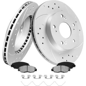 MOTOREVO Front Geomet Coated Brake Rotors Kit for Civic 2006-2011 LX/EX/DX, 2009-2011 EX-L/LX-S, 261.7mm 10.3in High-Carbon Alloy Drilled & Slotted Vented Brake Discs & Ceramic Brake Pads