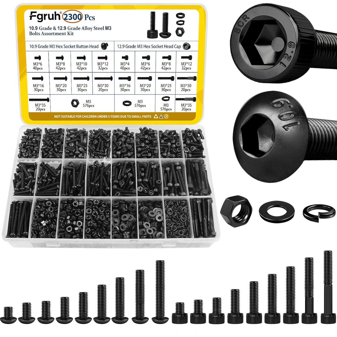 2300PCS M3 Screws with Nuts Assortment Kit, M3x4/6/8/12/16/20/25/30/35 mm Hex Socket Button & Cap Head Bolts Nut and Washers Set, 12.9 & 10.9 Grade Black Zinc Plated for DIY, 3D Printer
